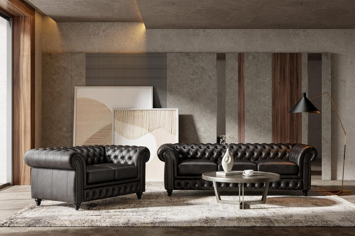 Valencia Parma Chesterfield 3 Seater Sofa 82" | Premium Leather | Mid-Century Leather Couch with Classic Button Tufted Back, Wood Legs for Living Room, Black