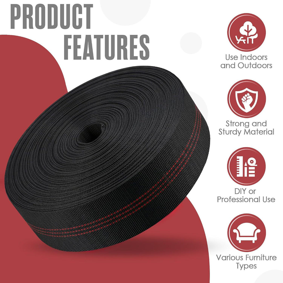 Chair Webbing, Upholstery Webbing, Couch Elastic, 2 Inch, 160 Foot Roll | Houseables Replacement Straps for Lawn Chairs Upholstery Strapping Kit for Furniture Repair, Support, Sofa, Dining Seat, Belt