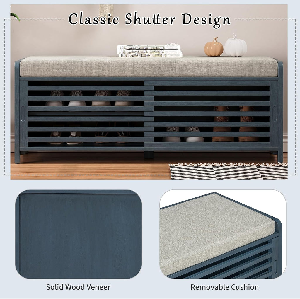 LUMISOL Shoe Bench with Storage and Cushion, Farmhouse Distressed Shutter Storage Bench with Retro Charm for Living Room, Entryway, Navy