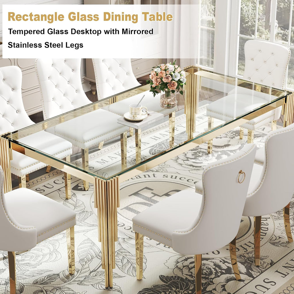Rectangle Glass Dining Table, 81" Clear Tempered Glass Desktop with Gold Mirrored Stainless Steel Legs, Modern Elegance for 8-10 People, for Kitchen, Living Room, Office