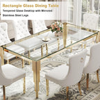 Rectangle Glass Dining Table, 81" Clear Tempered Glass Desktop with Gold Mirrored Stainless Steel Legs, Modern Elegance for 8-10 People, for Kitchen, Living Room, Office