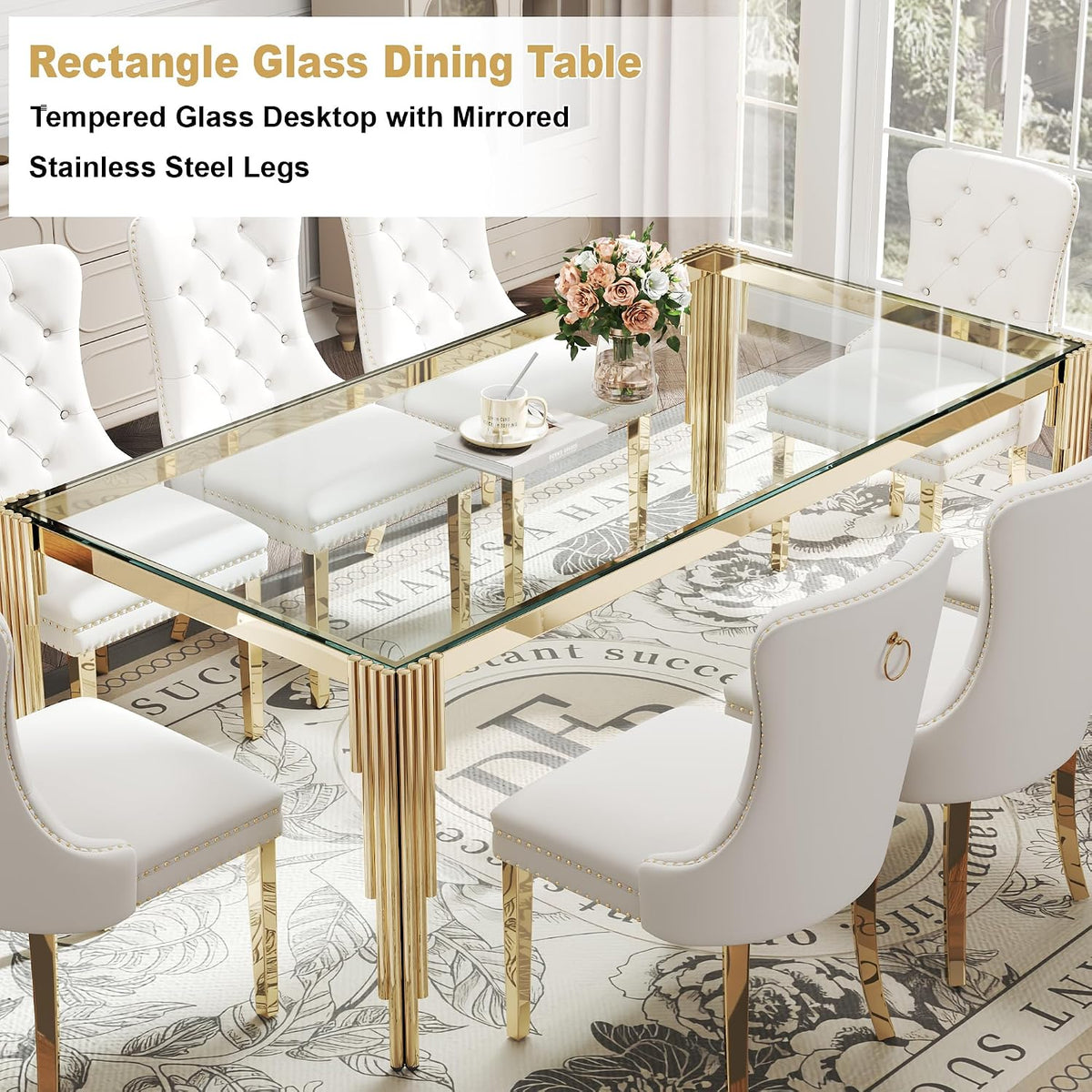 Rectangle Glass Dining Table, 81" Clear Tempered Glass Desktop with Gold Mirrored Stainless Steel Legs, Modern Elegance for 8-10 People, for Kitchen, Living Room, Office
