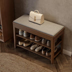 Small Shoe Bench with Storage, Wooden Shoe Storage Bench with Cushion&Hidden Drawer, 2-Tier Shoe Rack Bench for Entryway, Mudroom, Hallway