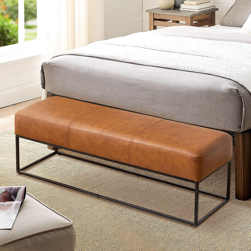 Entryway Bench for Bedroom End of Bed, Modern Ottoman with Faux Leather Upholstered Seating, Metal Frame Leather Bench for Bedroom Living Room Entryway [47'', Vintage Brown]