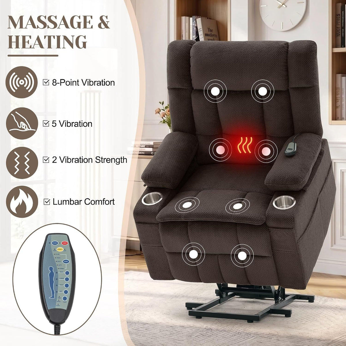 Korser Power Lift Recliner Chair with Massage and Heat for Elderly, Electric Lift Recliner for Adults with 2 Cup Holders, 2 Side and 2 Front Pockets, Lift Chairs Recliners for Living Room, Brown
