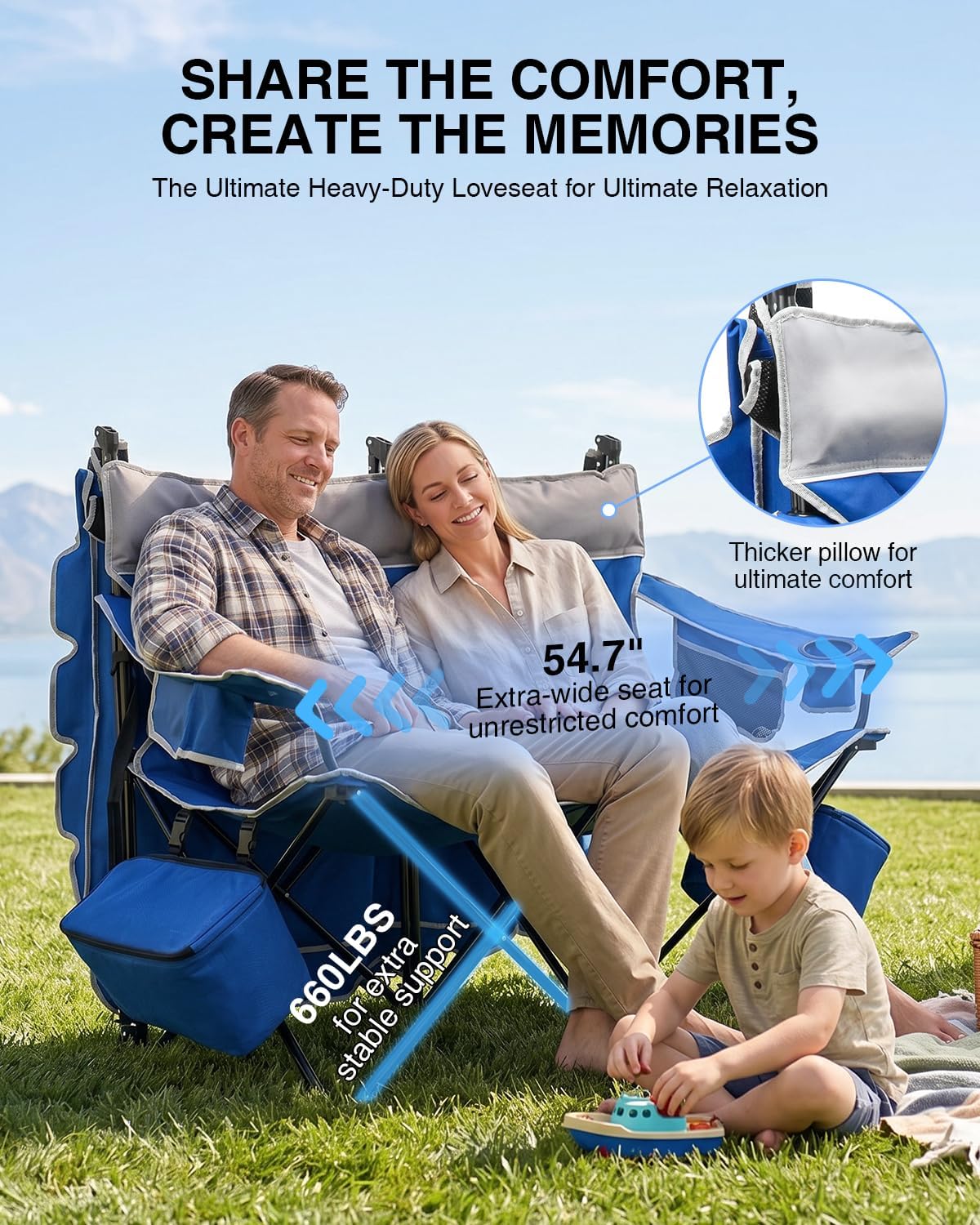 HOPERAN Double Camping Chair with Canopy, Heavy Duty 660lbs Double Beach Chair with Umbrella, Cooler & Cup Holder, Oversized Folding loveseat with Shade for Outside Sports, Beach, Lawn, Fishing