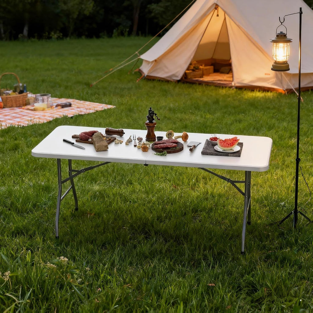 6ft Folding Table, Plastic Portable Table for Outdoor & Indoor, Heavy Duty Camping Table with Carrying Handle, Lightweight for Picnic, BBQ, Party, Garage (Grey)