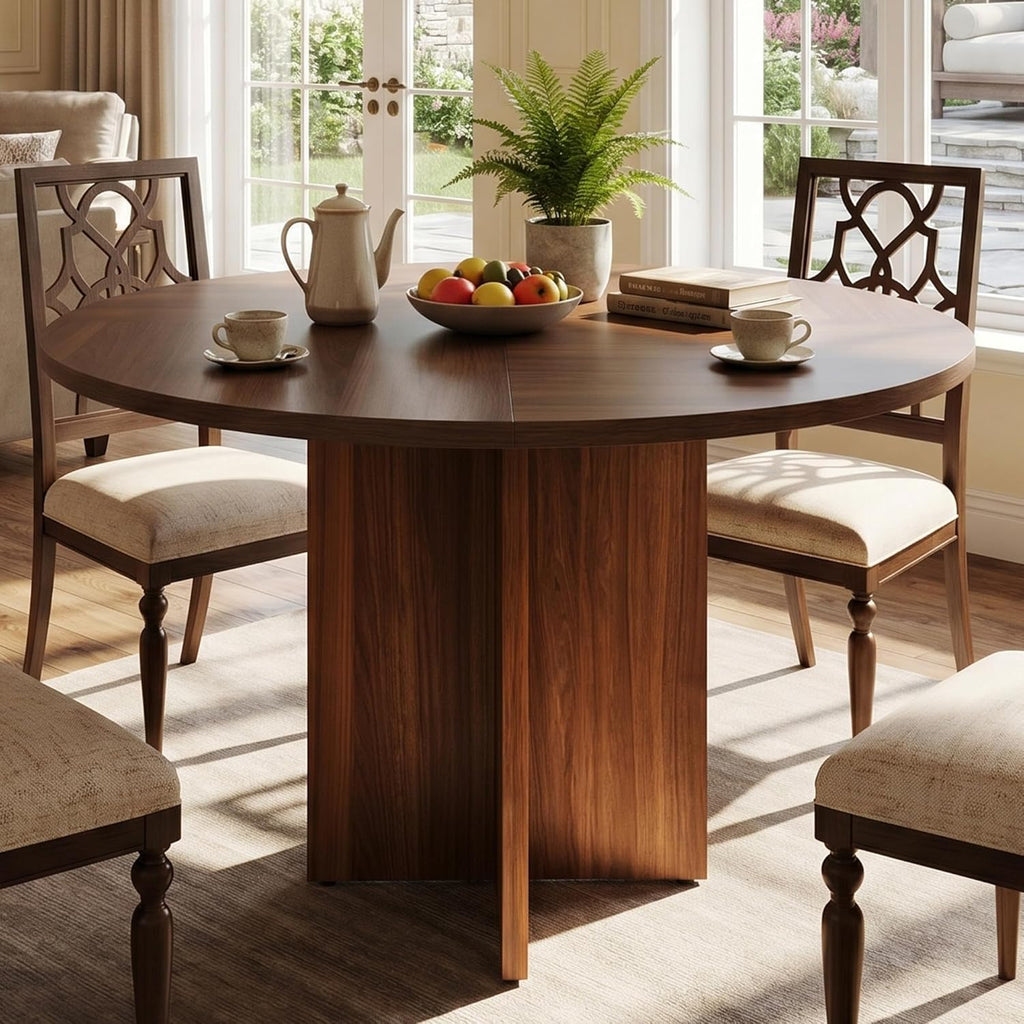47 Inch Round Dining Table for 4-6 People, Rustic Circle Kitchen Table with X-Shaped Stable Pedestal, Dinner Table for Dining Room Kitchen Living Room, Walnut