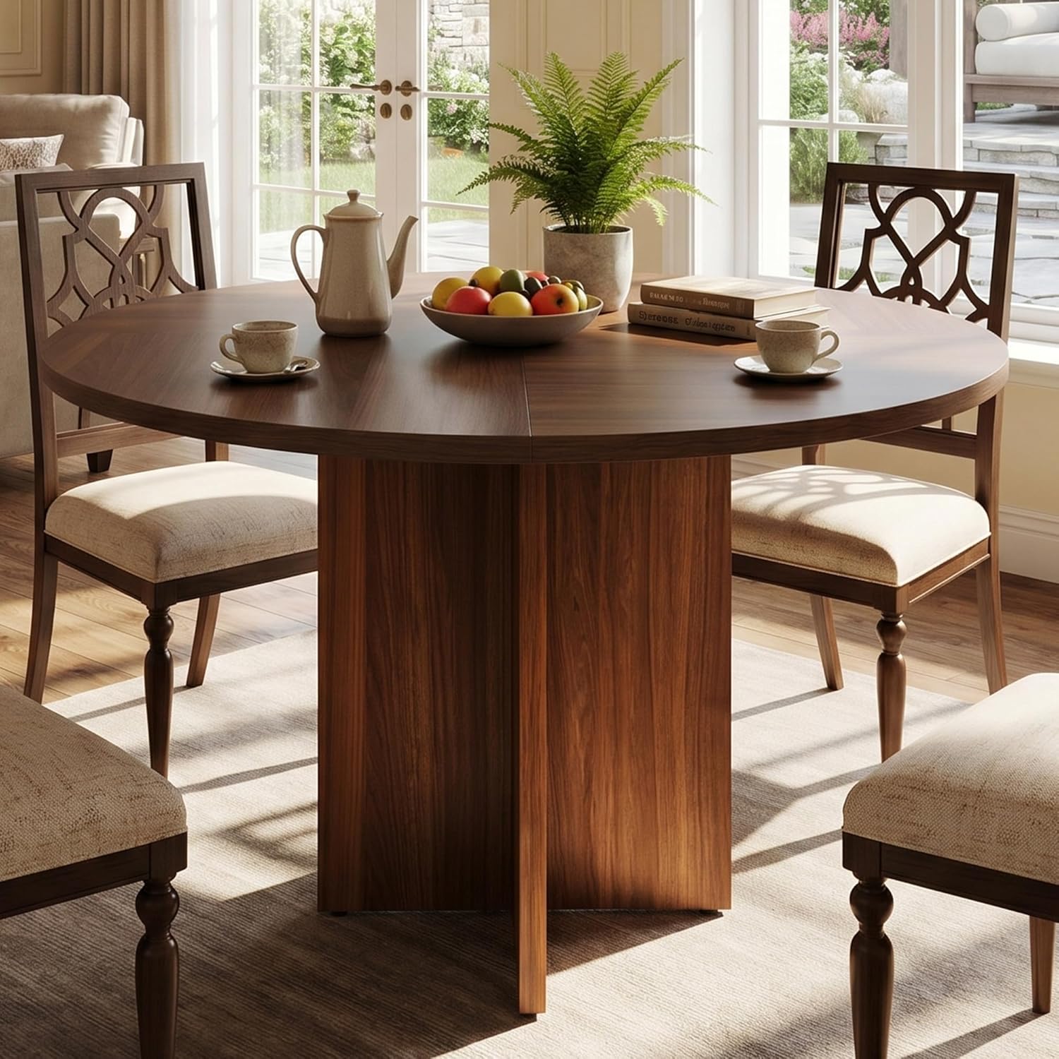 47 Inch Round Dining Table for 4-6 People, Rustic Circle Kitchen Table with X-Shaped Stable Pedestal, Dinner Table for Dining Room Kitchen Living Room, Walnut