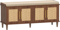Akxomel Rattan Shoe Storage Bench with Cushion, 2-Tier Entryway Bench with Adjustable Shelves and 4 Doors, 15" D x 47.2" W x 20" H, Solid Wood Legs, for Hallway, Living Room, Bedroom, Walnut