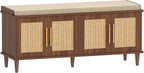 Akxomel Rattan Shoe Storage Bench with Cushion, 2-Tier Entryway Bench with Adjustable Shelves and 4 Doors, 15" D x 47.2" W x 20" H, Solid Wood Legs, for Hallway, Living Room, Bedroom, Walnut