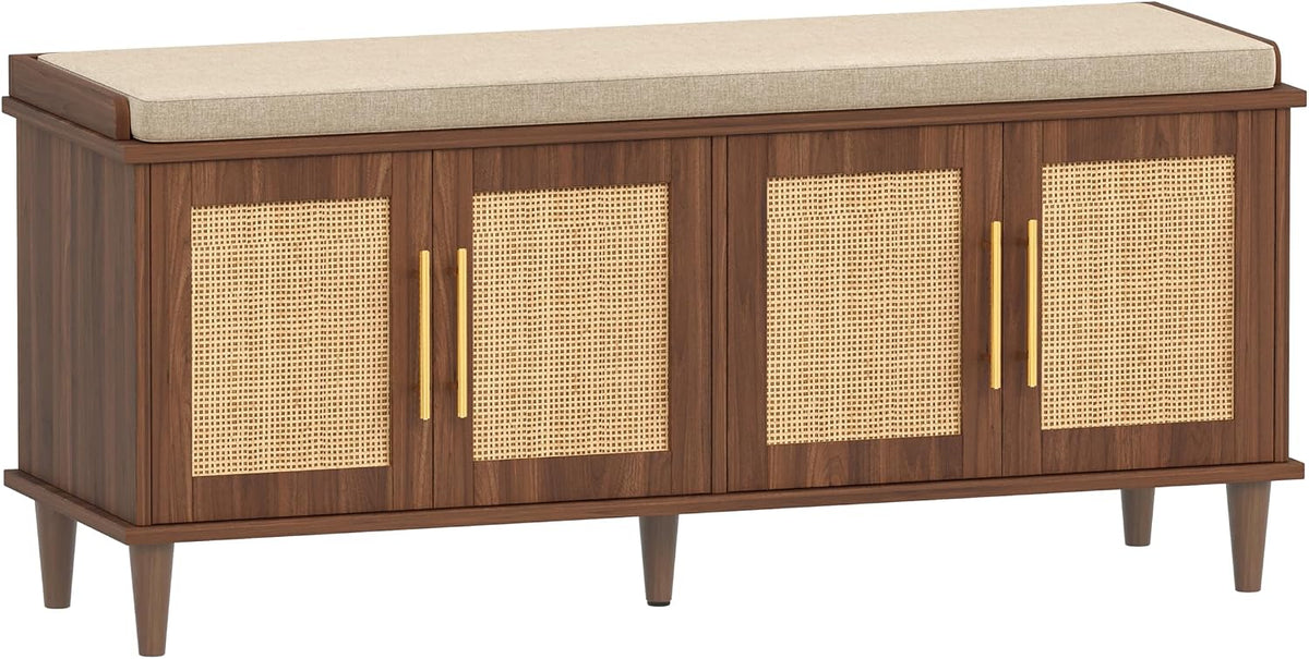 Akxomel Rattan Shoe Storage Bench with Cushion, 2-Tier Entryway Bench with Adjustable Shelves and 4 Doors, 15" D x 47.2" W x 20" H, Solid Wood Legs, for Hallway, Living Room, Bedroom, Walnut