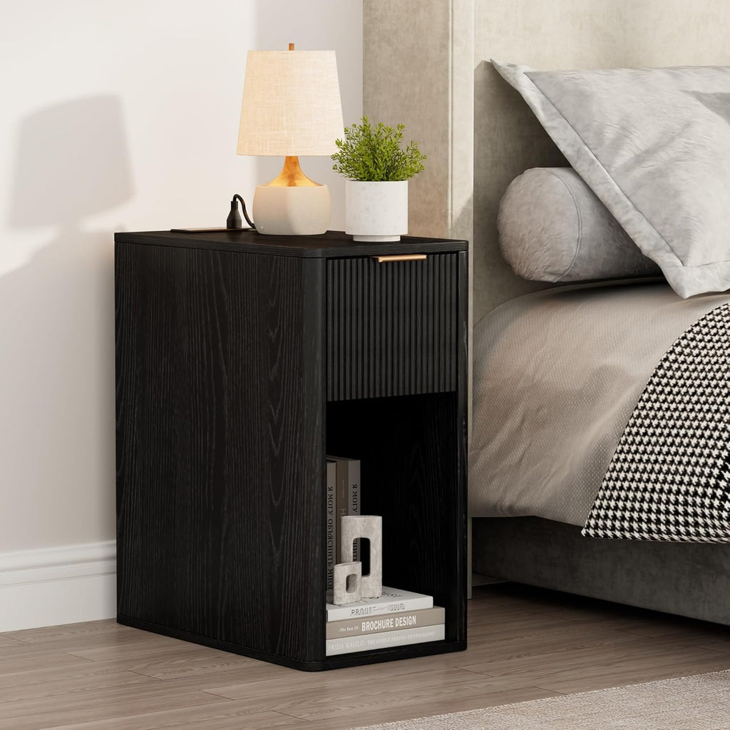 Homleke Narrow End Table with Fluted Drawer and Charging Station, Small Nightstand with USB Ports & Outlets, Bedside Table for Bedroom or Living Room, Modern Accent Table, Black