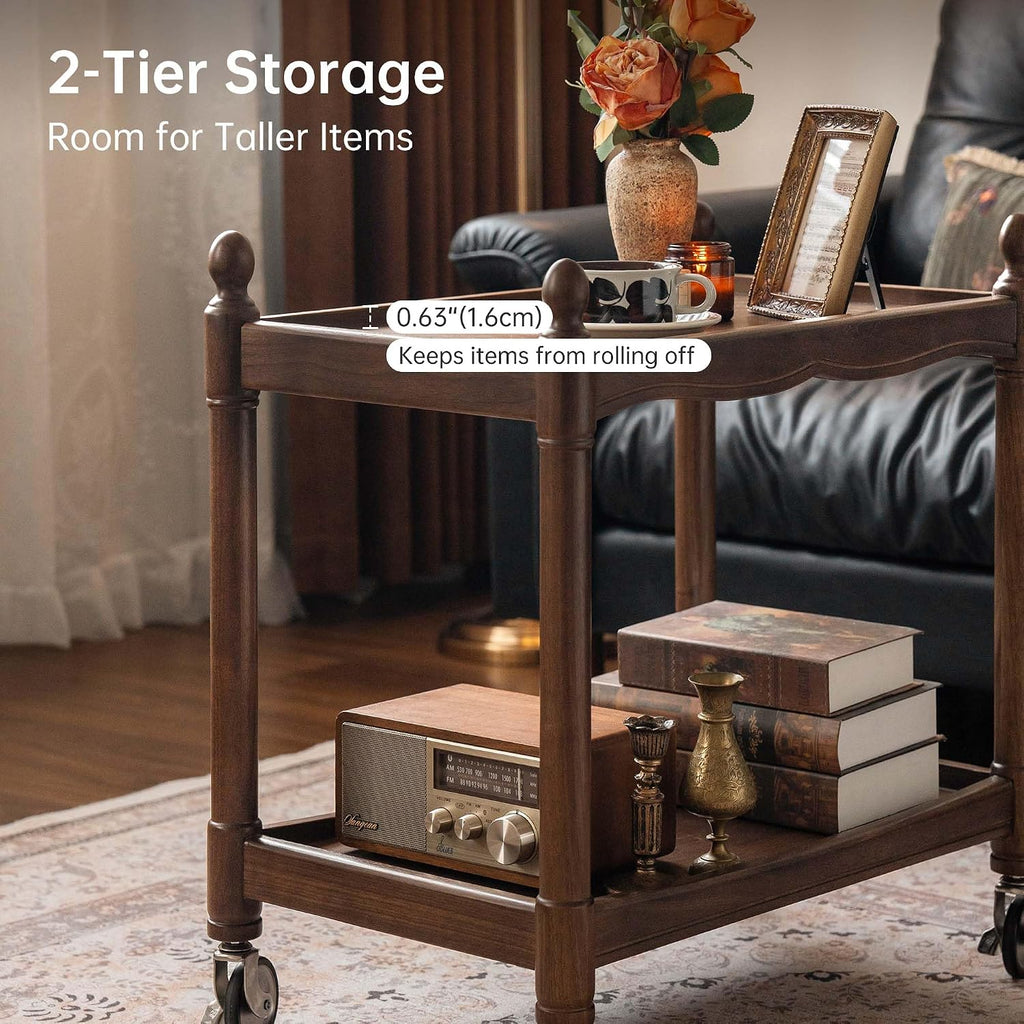 YESWOOD Vintage Walnut Side Table with Lockable Wheels, 2‑Tier Rolling End Table Nightstand for Small Space Living Room Bedroom(Walnut, 27.9" D x 18.47" W x 25.15" H)