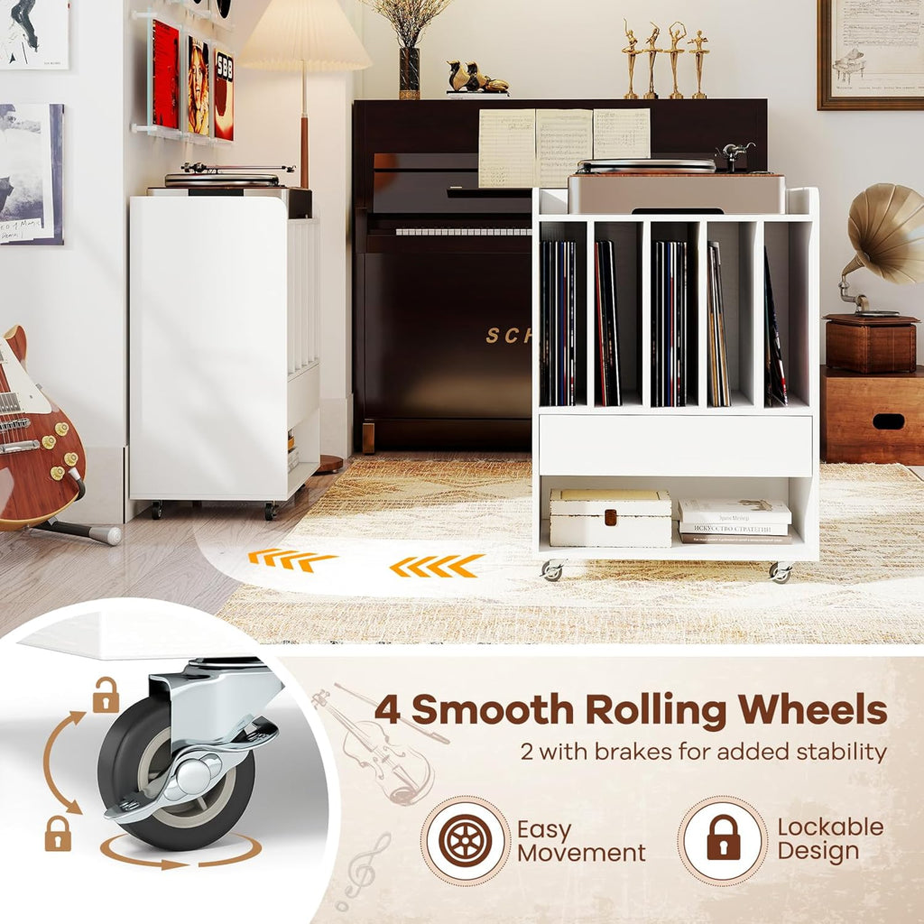 Giantex Record Player Stand, Rolling Turntable Stand with Drawer & Lockable Wheels, Record Player Table Holds Up to 150 Albums, Vinyl Record Storage for Living Room Bedroom, White