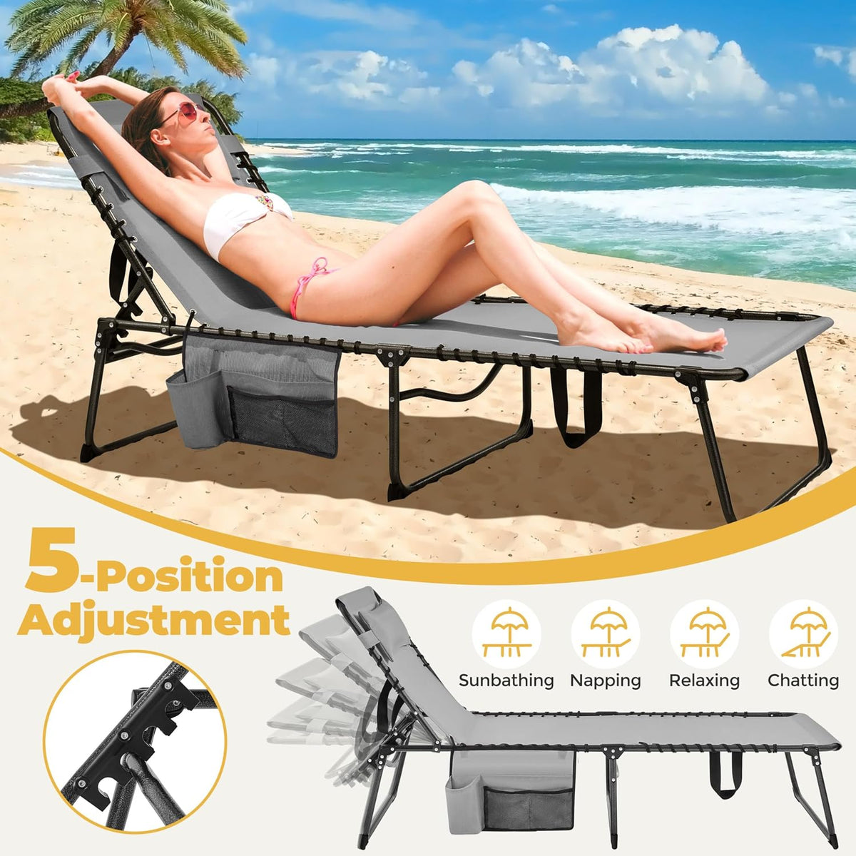 Yaheetech 26.4" Outdoor Folding Tanning Chair 5-Position Adjustable, Gray | Waterproof Texteline Fabric, 300lb Weight Capacity, Side Storage Pocket for Beach Patio Backyard Outdoor Use