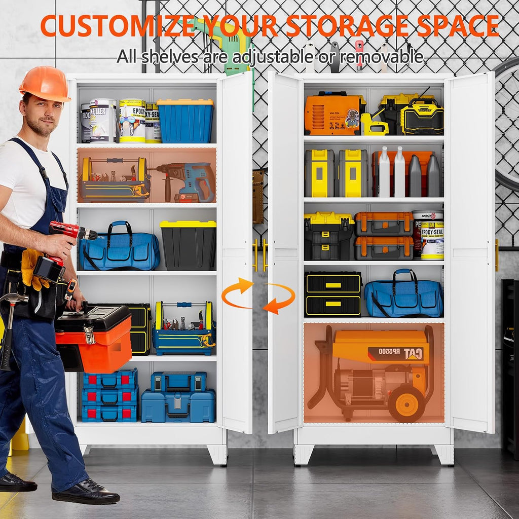 GAIOUS 71''Tall Metal Garage Storage Cabinet,File Cabinet with Door and Adjustable Shelves, Outdoor Steel Tool Cabinet for Home,Office,Warehouse,Garage,White