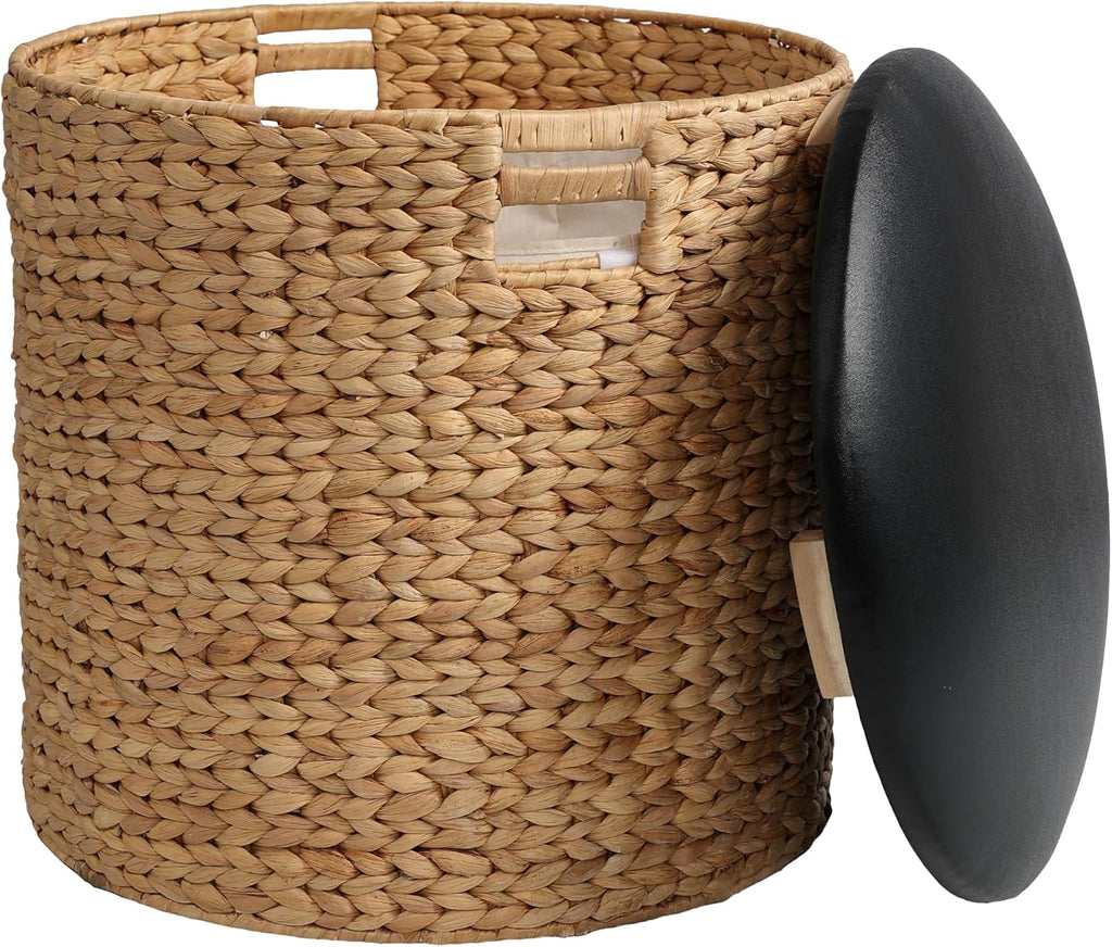 happimess SSL1003B Josie 18" Modern Coastal Hand-Woven Hyacinth Storage Ottoman with Lid, Foot Rest for Living Room, Bedroom, Entryway, Foyer, Natural/Black
