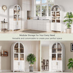 71" Tall Arched Cabinet with Glass Doors, Farmhouse Kitchen Storage Cabinet with Hidden Drawer and Adjustable Shelves, Hutch Cabinets for Dining Room, Bathroom (White)