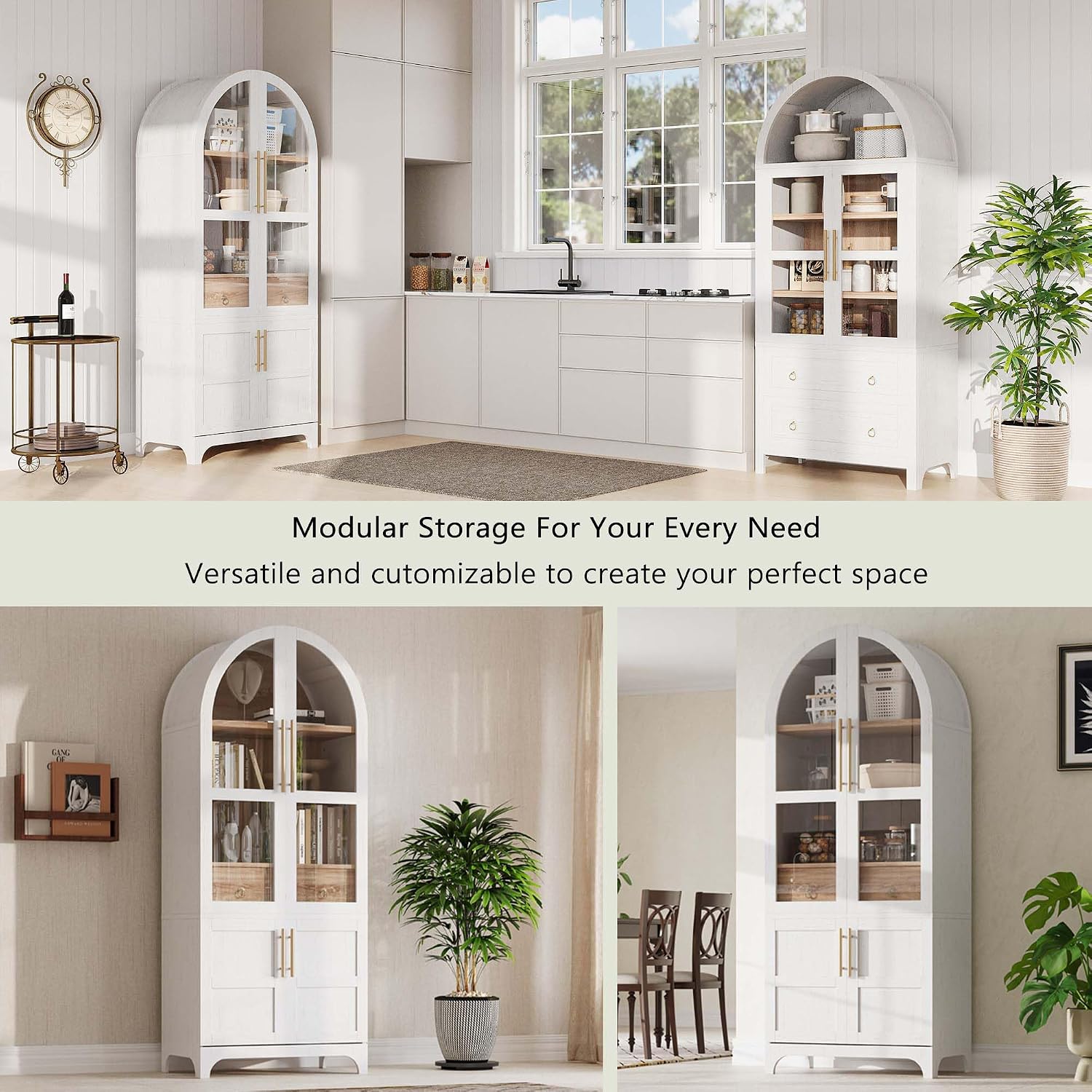 71" Tall Arched Cabinet with Glass Doors, Farmhouse Kitchen Storage Cabinet with Hidden Drawer and Adjustable Shelves, Hutch Cabinets for Dining Room, Bathroom (White)
