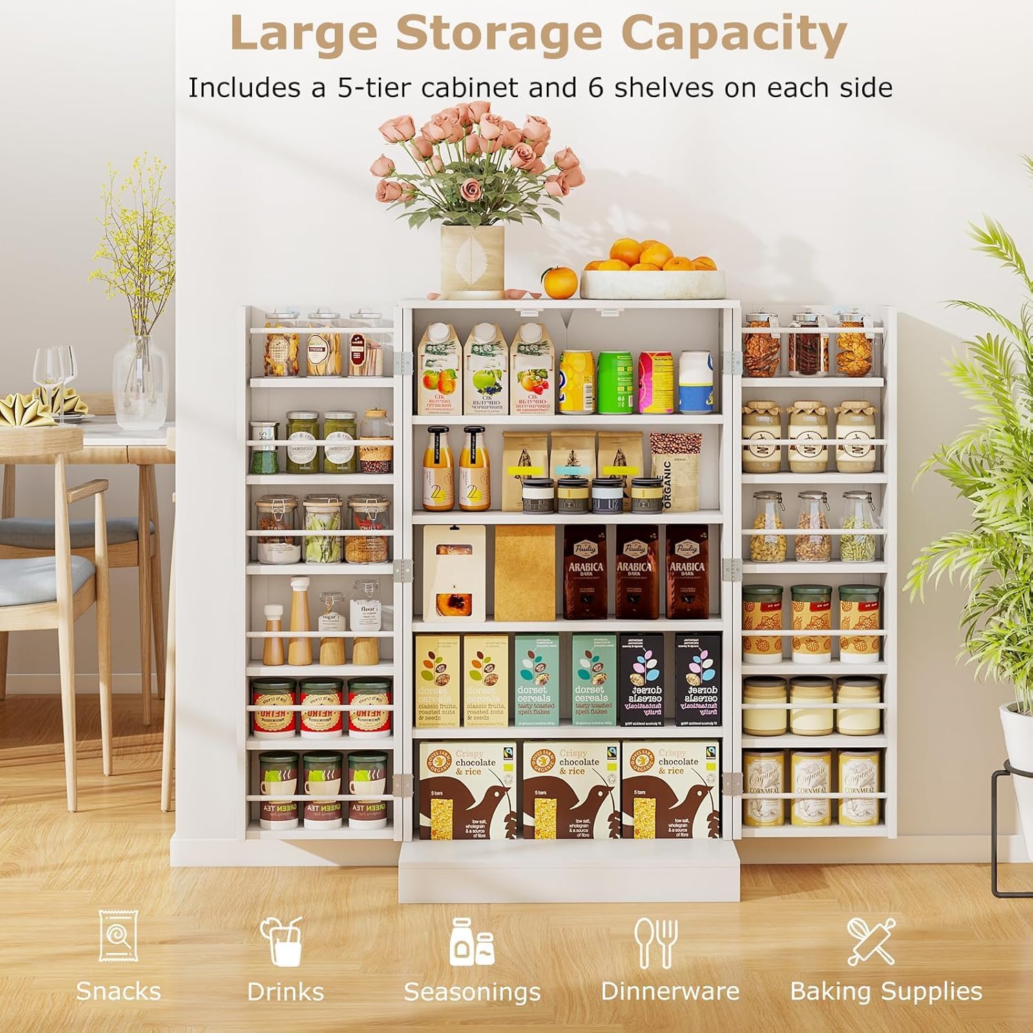 NAFORT 17-Tier Pantry Cabinet with 2 Doors and 6 Adjustable Shelves, Food Storage for Kitchen, Dining Room, Living Room (White)