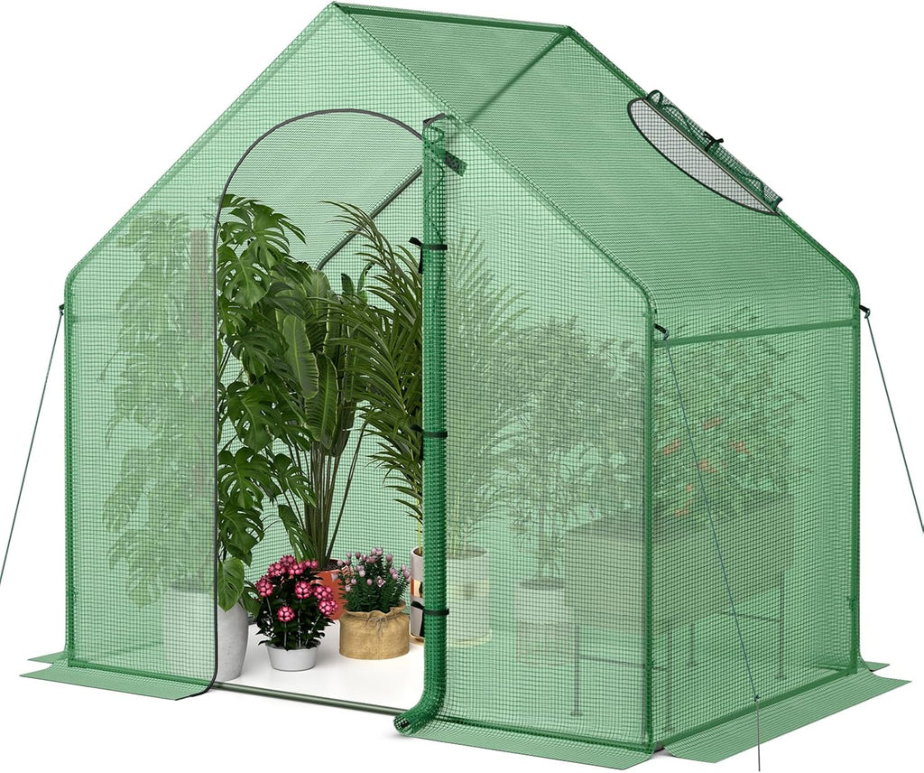 HAPPYGRILL Walk-in Greenhouse, 6 x 3 x 5.5 FT Portable Outdoor Green House for Winter w/ PE Cover, Rustproof PE-Coated Metal Frame, Roll-up Zippered Door, Window, Greenhouse for Outdoors