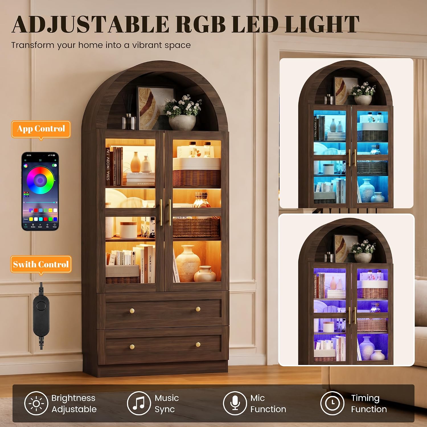 71" Tall Arched Kitchen Pantry Cabinet with LED Light, Modern Farmhouse Kitchen Storage Cabinet with 2 Large Drawers & Glass Doors, Versatile Cupboard for Living Room, Dining Room, Brown