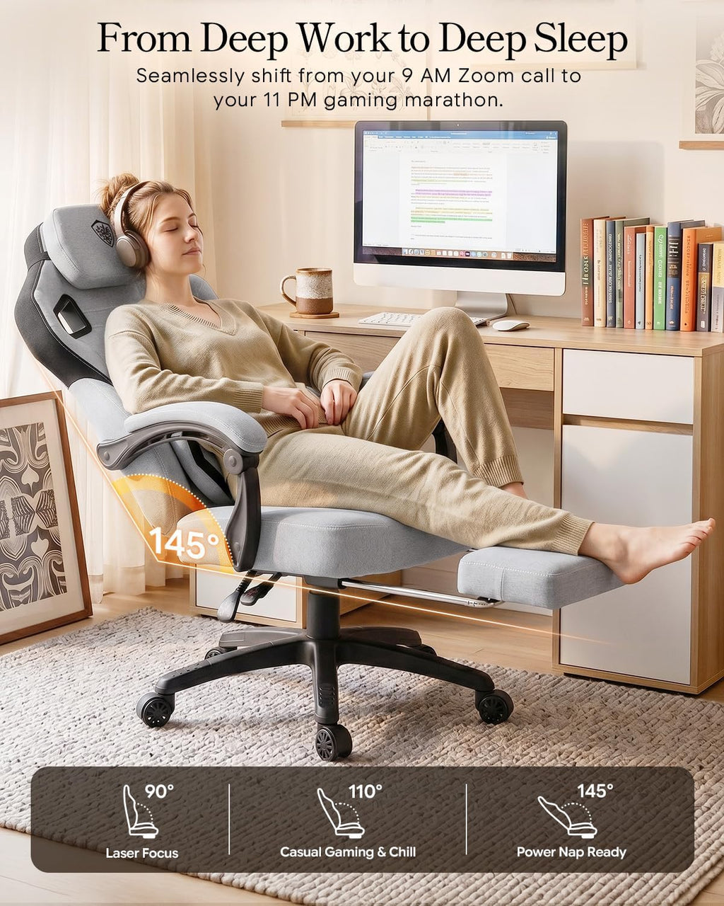 Dowinx Big and Tall Gaming Chair with Footrest, Gray | Breathable woven fabric with lumbar support and extra-wide seat back; big-and-tall frame fits larger, heavier users.