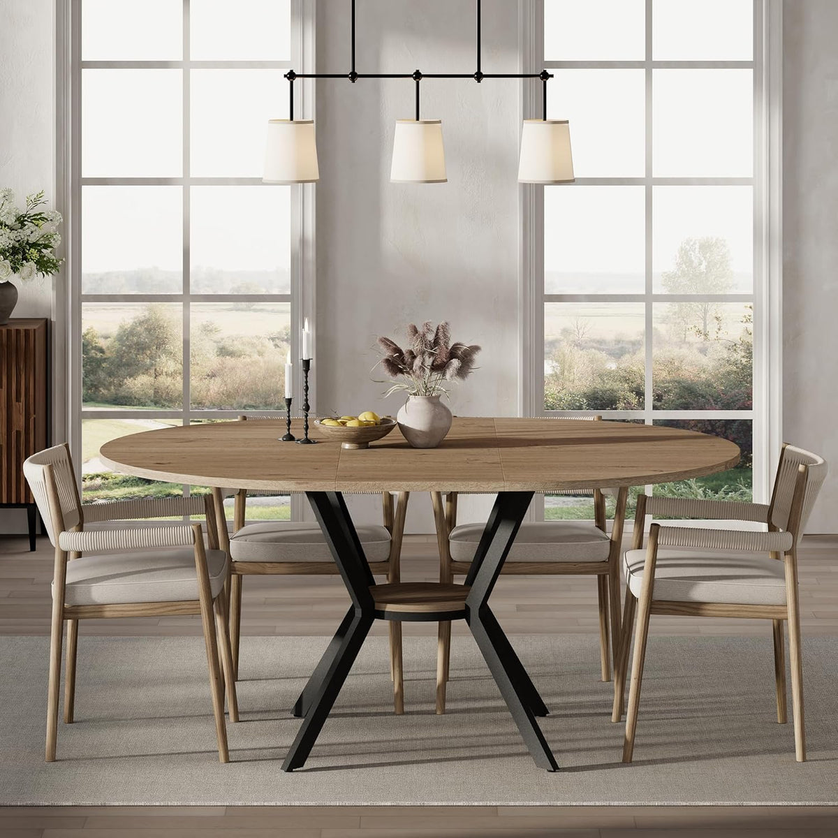 42"-58" Extendable Round Dining Table for 4-6, Kitchen Oval Table with Built-in Flip Leaf & Storage Shelf, Space Saving Modern Design with Sturdy Metal Legs for Kitchen, Living Room & Small Apartments