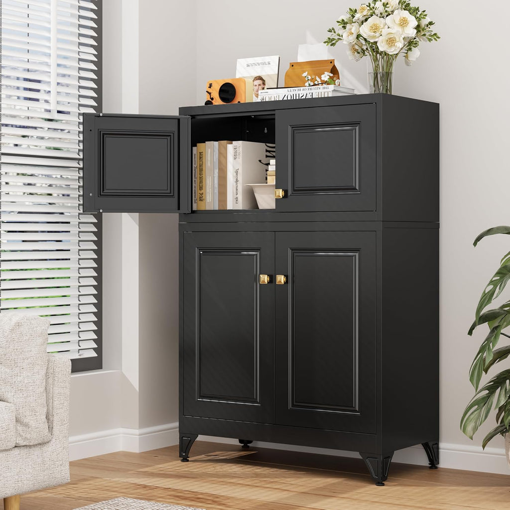 32" Wall Storage Cabinet with 2 Doors & Gold Handle | Black Metal, Hanging Design, for Bathroom, Kitchen, Rust-Resistant, Anti-Tip, Easy Assembly, Hardware Included
