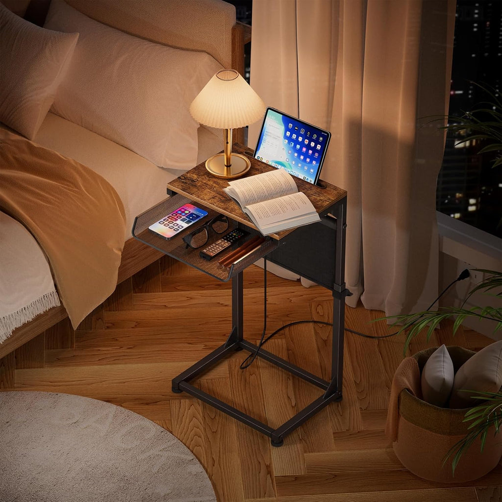 Simple Trending Side Table, C Shaped End Table with Charging Station, Couch Table with Storage Bag, Adjustable Height, Rustic Brown