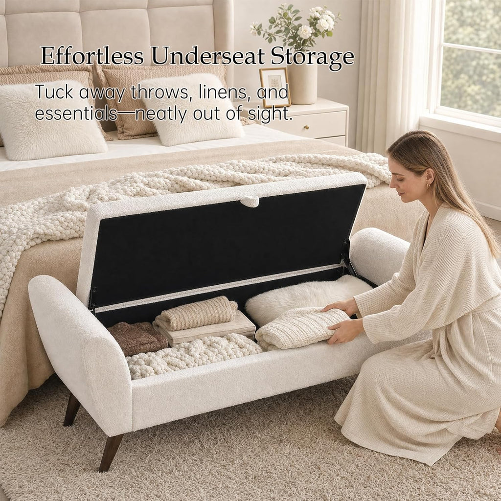 60" Storage Ottoman Bench, Teddy Fabric End of Bed Bench with Solid Wood Legs, Large Hidden Storage for Bedroom & Entryway (Beige)