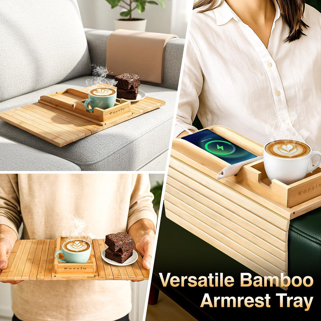 Bamboo Sofa Armrest Tray - Couch Arm Tray with Detachable Couch Cup Holder - 2 in 1 Anti-Slip Foldable Sofa Armchair Caddy Table - Cup Holder for Drinks Cellphone TV Remote Snacks