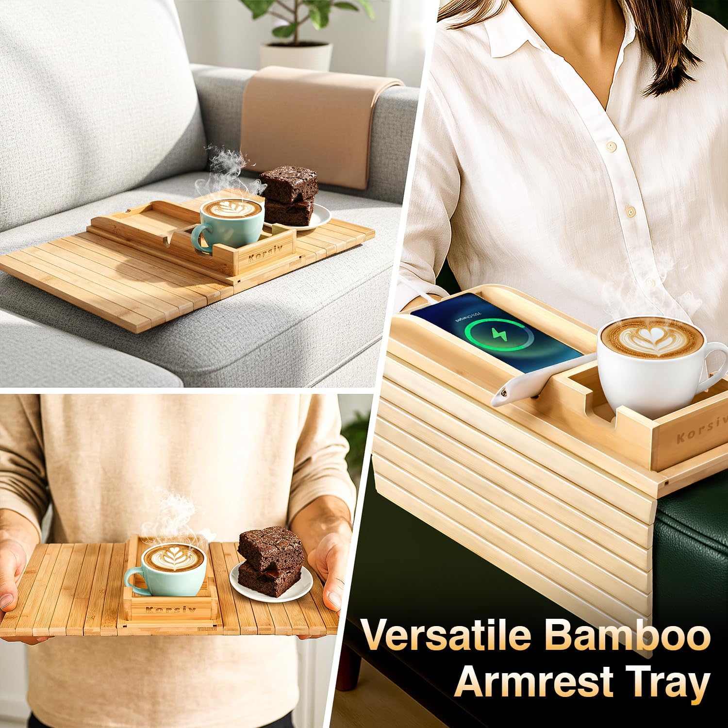 Bamboo Sofa Armrest Tray - Couch Arm Tray with Detachable Couch Cup Holder - 2 in 1 Anti-Slip Foldable Sofa Armchair Caddy Table - Cup Holder for Drinks Cellphone TV Remote Snacks