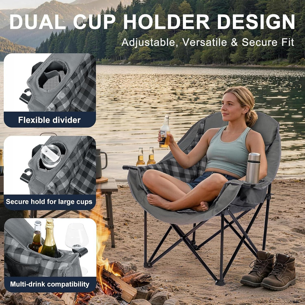 Oversized Camping Chair for Adults, 500 LBS Heavy Duty Folding Chair, Plaid | Big & Tall Adults, Padded Camping Chair, 600D Oxford Fabric, Cup Holder, Side Pocket, Lawn Chair, Beach, Fishing