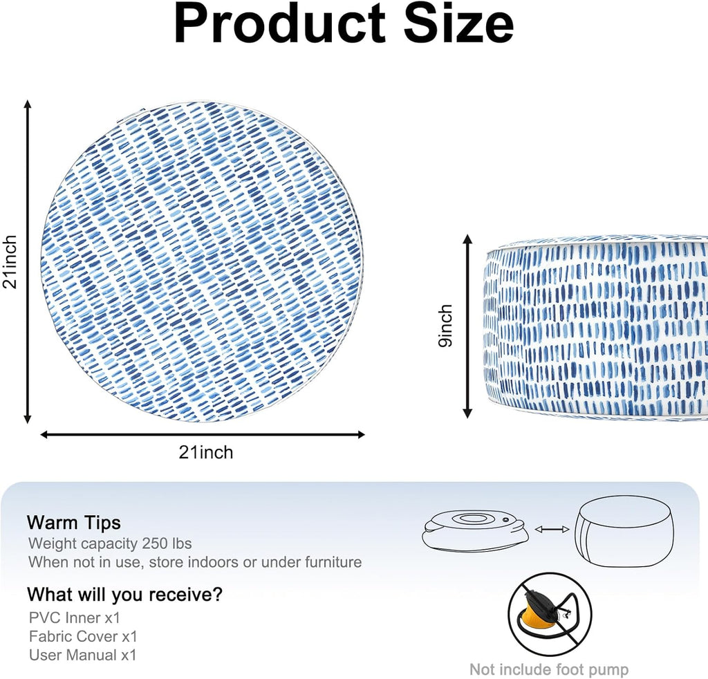 DYTXIII Inflatable Ottoman Stool D21 xH9 for Outdoor/Indoor Use, Water Repellent Patio Foot Rest Stool with Portable Handle,Round Pouf Ottoman Suitable for Garden,Deck and Camping - Pebble Blue