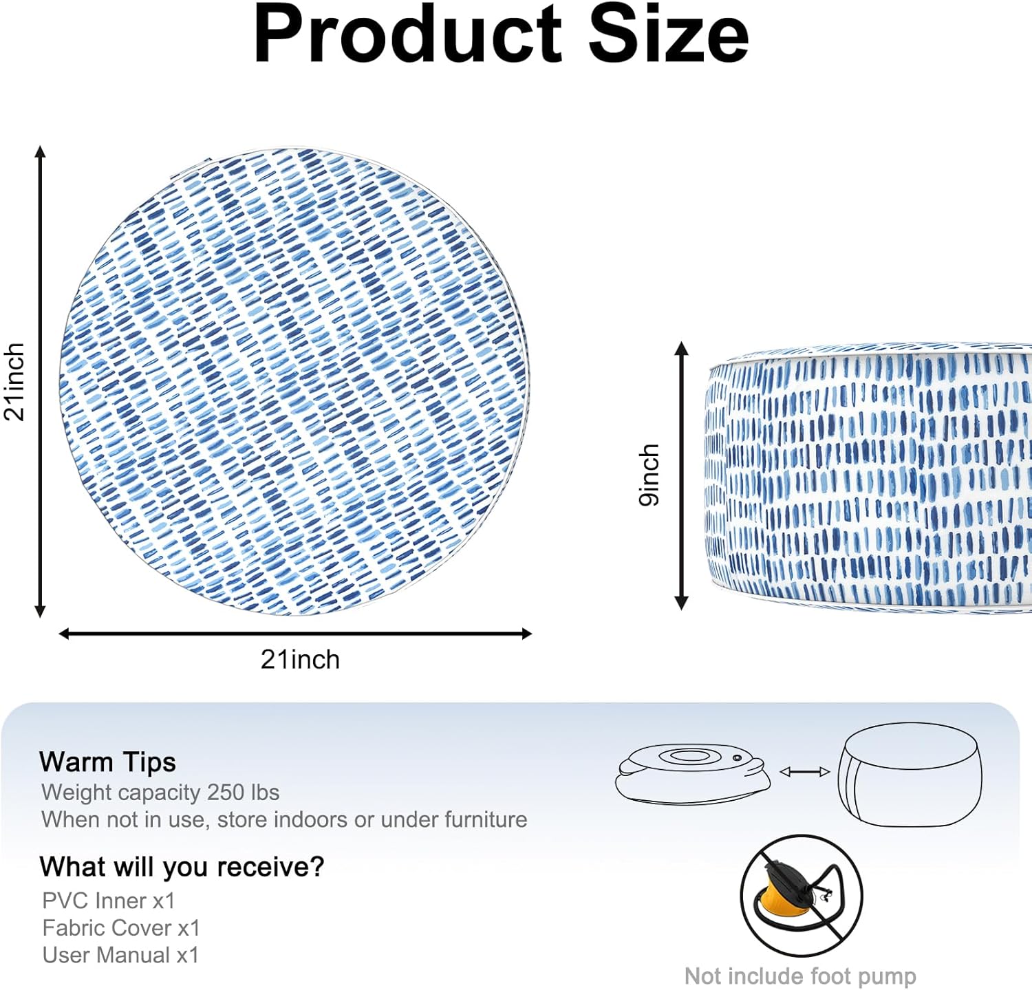 DYTXIII Inflatable Ottoman Stool D21 xH9 for Outdoor/Indoor Use, Water Repellent Patio Foot Rest Stool with Portable Handle,Round Pouf Ottoman Suitable for Garden,Deck and Camping - Pebble Blue