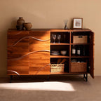 Modern Sideboard with Wave Relief Design, 59 Inch Solid Wood Storage Cabinet & Buffet with Iron Legs for Dining Room, Industrial TV Stand for Living Room, Walnut Finish (Wood + 1)