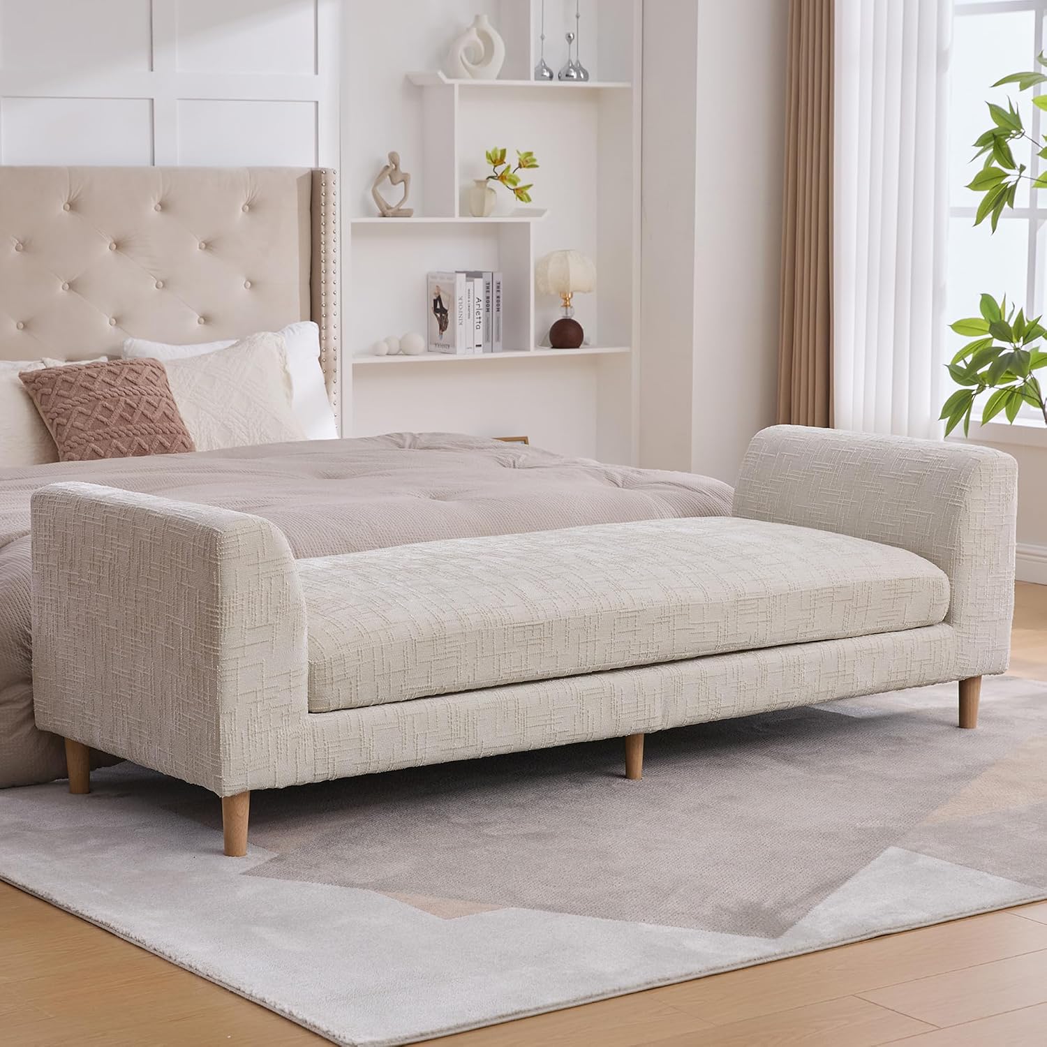 Beige King Size End of Bed Bench,83 Inch Long Bench for Bedroom with Armrests,Entryway Bench,Chenille Chaise Chair,Bench Daybed(Beige,White)