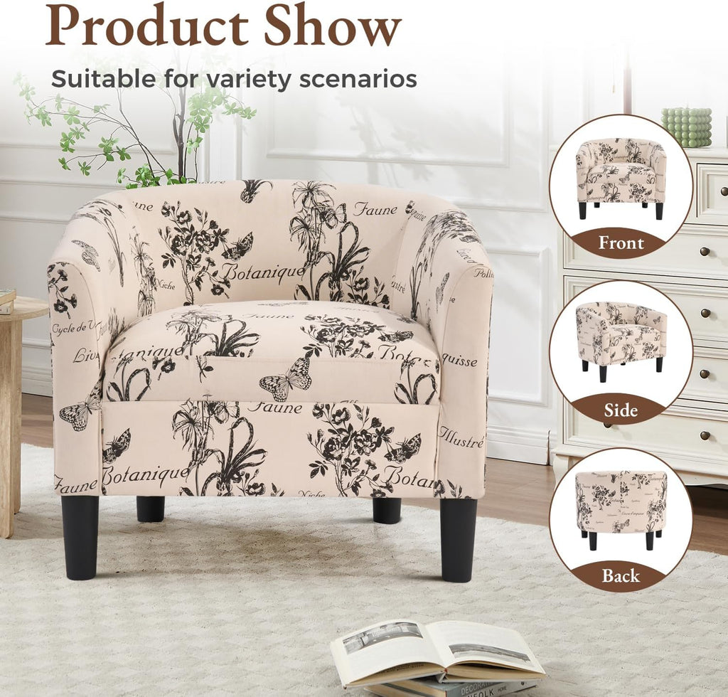 INZOY Oversized Accent Chair with Ottoman, 23.2" W Oversized Club Chair with Ottoman Set, Comfy Fabric Barrel Reading Chairs for Living Room Bedroom, Round Reading Chair with Foot Rest, Flower Pattern