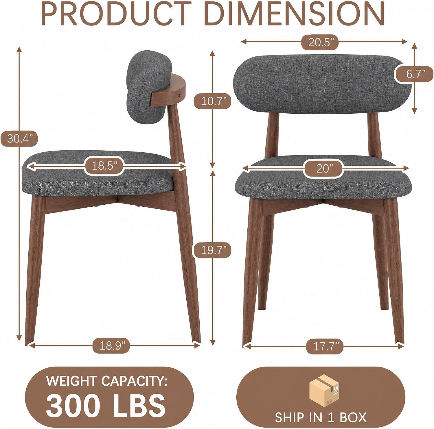 Solid Wood Dining Chairs Set of 2, Mid‑Century Modern Square Seat Cushion Chairs with Extra‑Thick 1.6" Legs and Curved Back, Heavy‑Duty Kitchen & Dining Room Chairs, Dark Grey