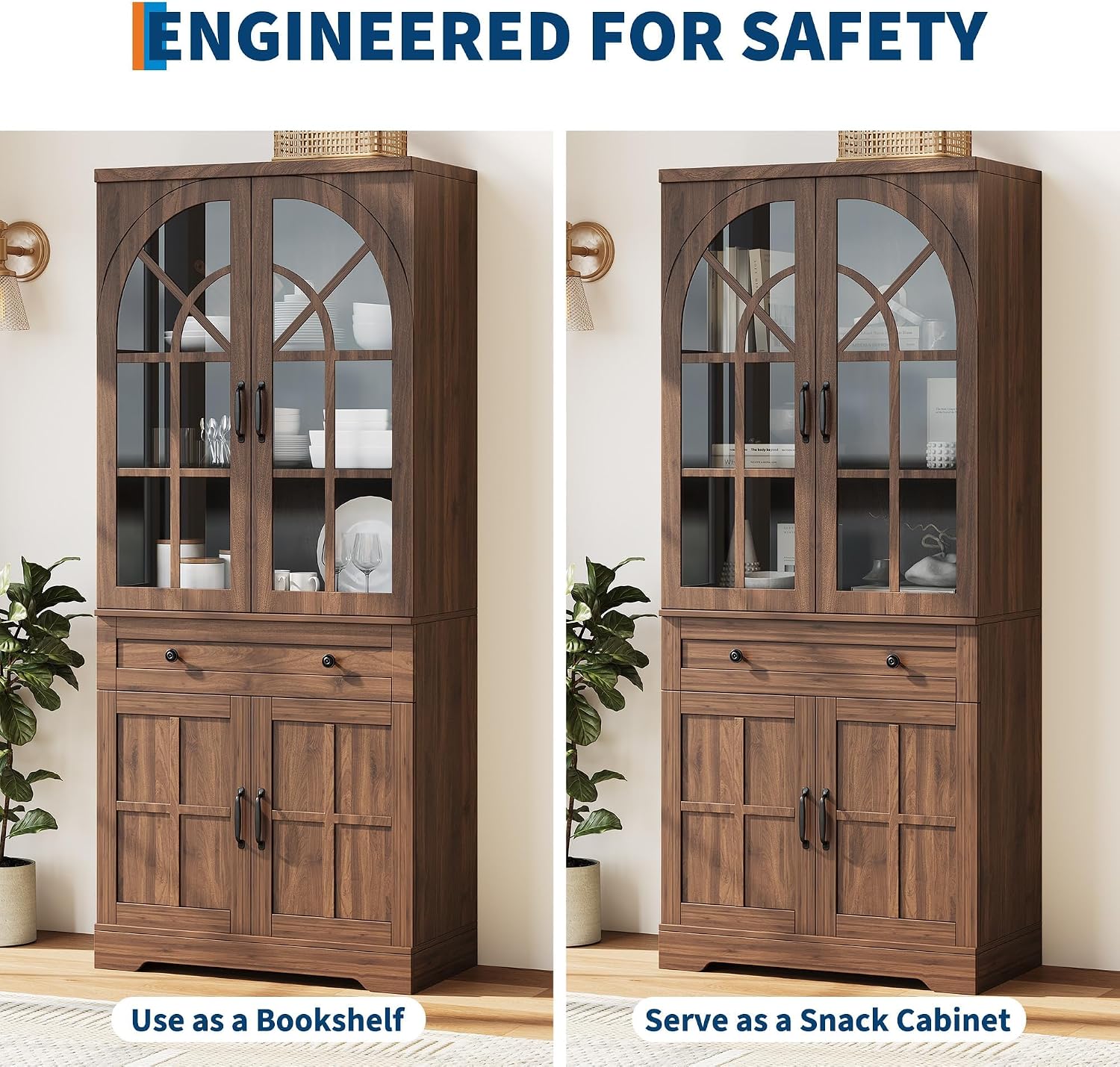 CABIHOME Farmhouse Pantry Cabinet,Freestanding Tall Wood Kitchen Storage with Tempered Glass Doors,Adjustable Shelves Multifunctional Organizer for Dining Room