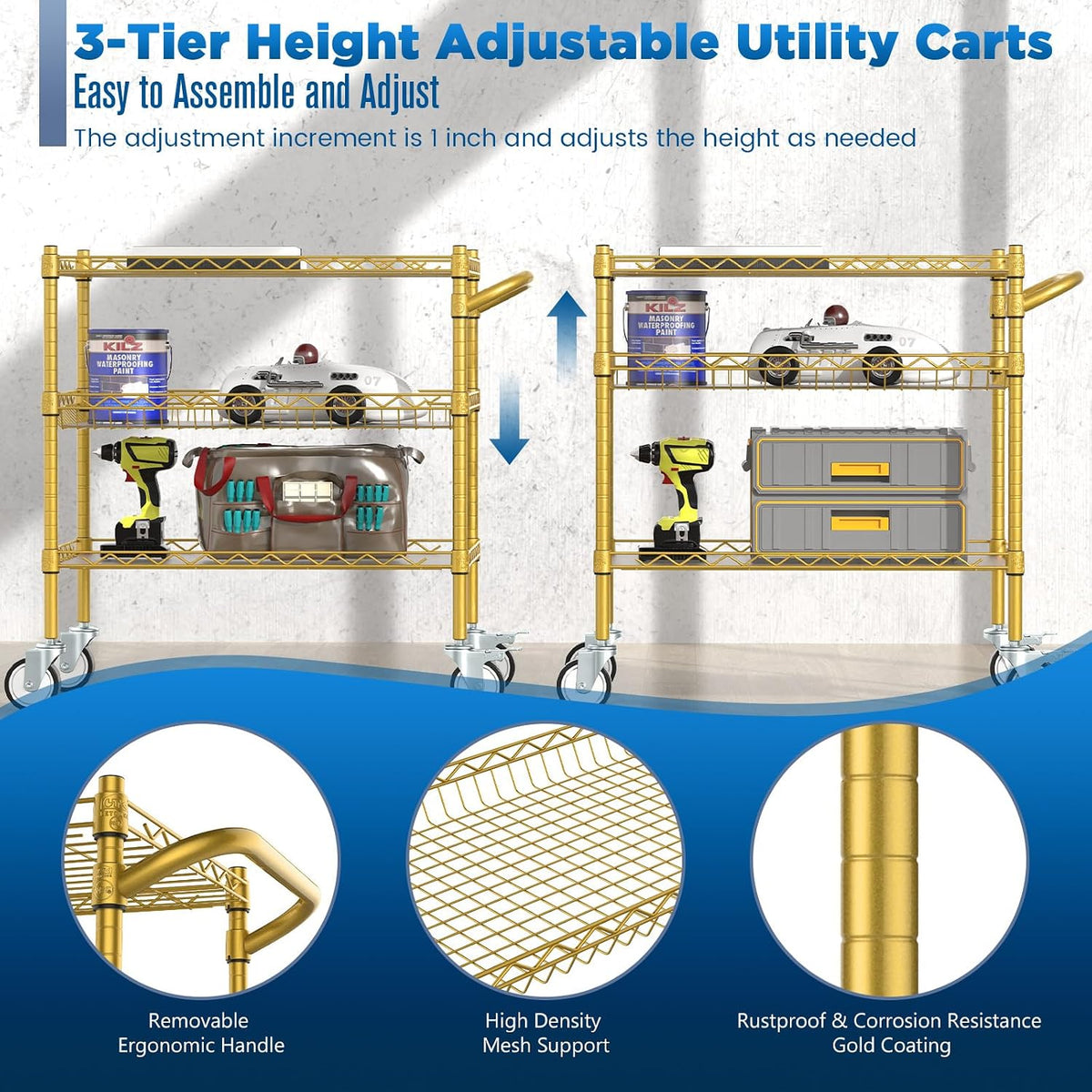 Leteuke 3 Tier Rolling Carts with Wheels, Heavy Duty Rolling Utility Cart