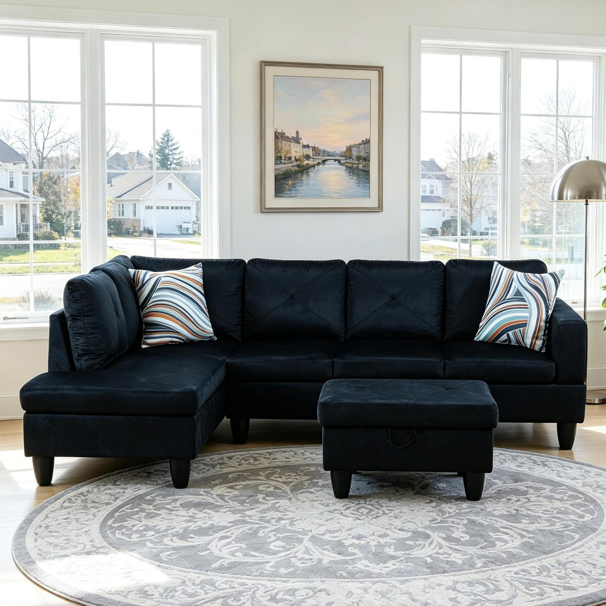 3-Piece L-Shaped Modular Leather Sofa – Convertible Sectional Couch with Movable Chaise & Storage Ottoman, Multi-Scene Use for Living Room, Apartment & Office, Navy Blue