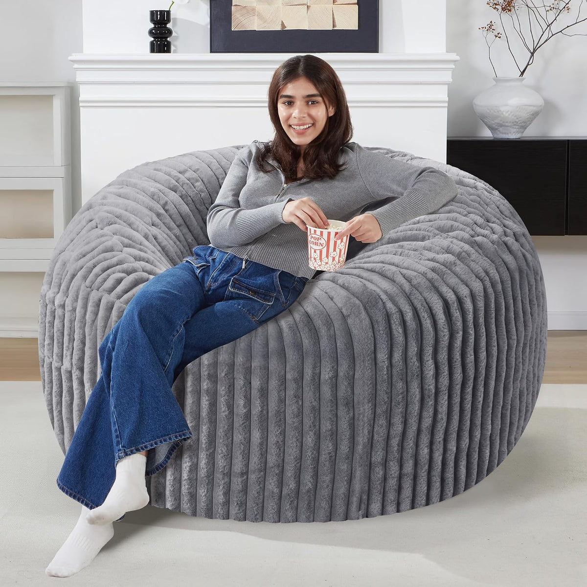 3 FT Bean Bag Chair,3' Big Bean Bag,Large Bean Bag Chairs for Adults | Comfy Beanbag Chairs with Memory Foam Filled,Soft Bean Bag Sofa with Machine Washable Dutch Corded Plush Cover-Dark Grey