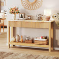 HUAHUU 47.2" Fluted Console Table with 3 Drawers, Long Sofa Table with Storage Behind Couch, Modern Entryway Table with Power Outlet & Open Storage for Entrance/Hallway/Foyer/Living Room, Oak