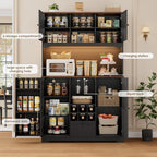 FINETONES 71" Kitchen Pantry Cabinet with LED Light and Charging Station | 71" Pantry Cabinet with Microwave Stand, Kitchen Hutch Food Storage Cabinet with Outlet and Wine Racks, Black