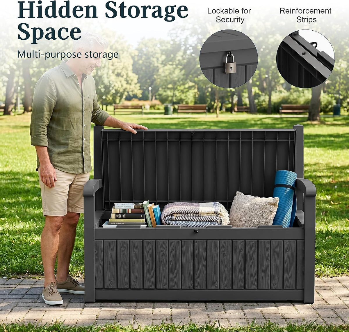 Outdoor Bench with Storage, Waterproof Garden Storage Bench, 100 Gallon Lockable Resin Deck Box, Weatherproof Bench Seating for Patio Yard Cushions Tools, Black