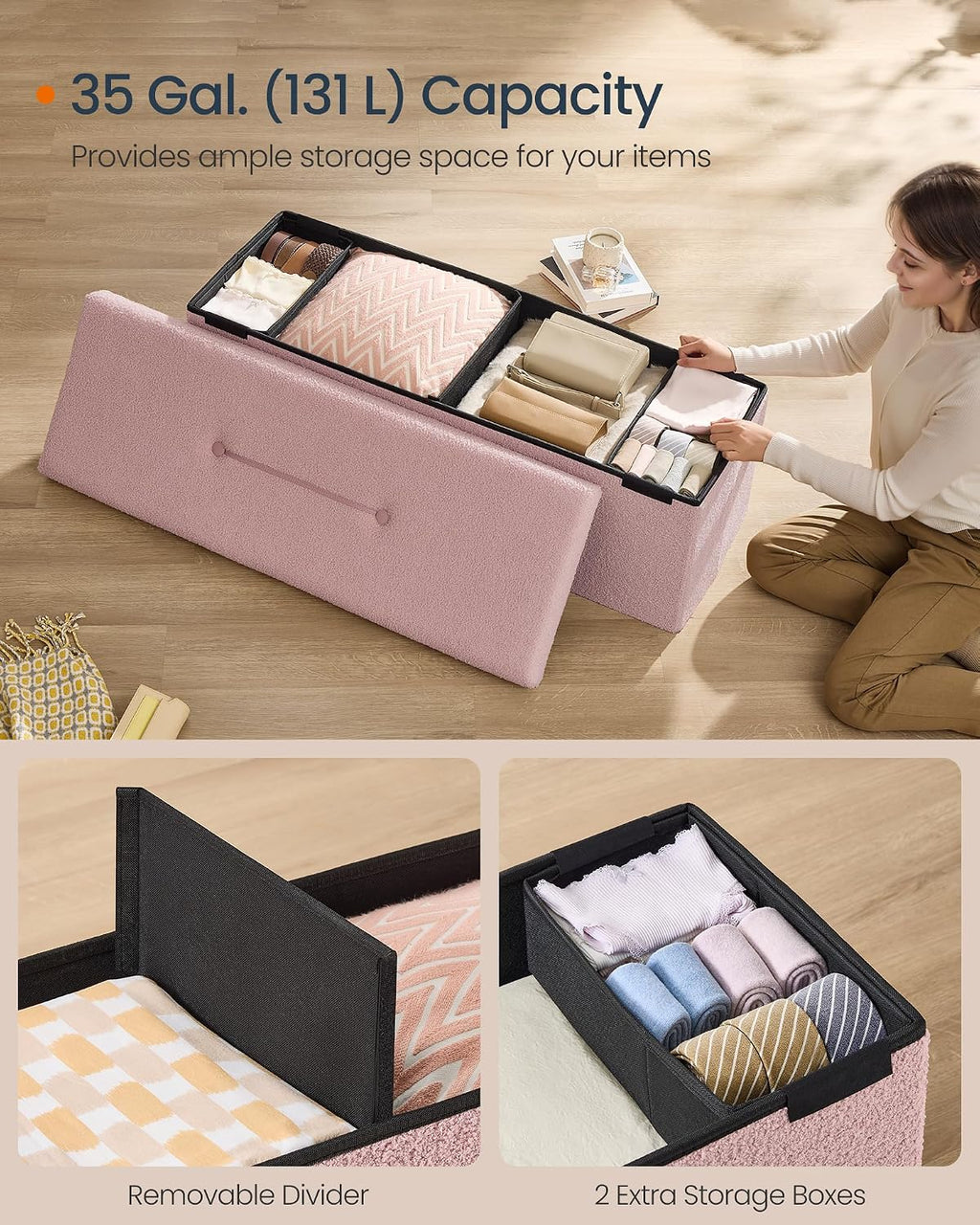 SONGMICS Large Folding Storage Ottoman Bench, 15 x 43 x 15 Inches | Foot Rest Stool, Load up to 660 lb, Jelly Pink, MINOTA Collection ULSF097R01