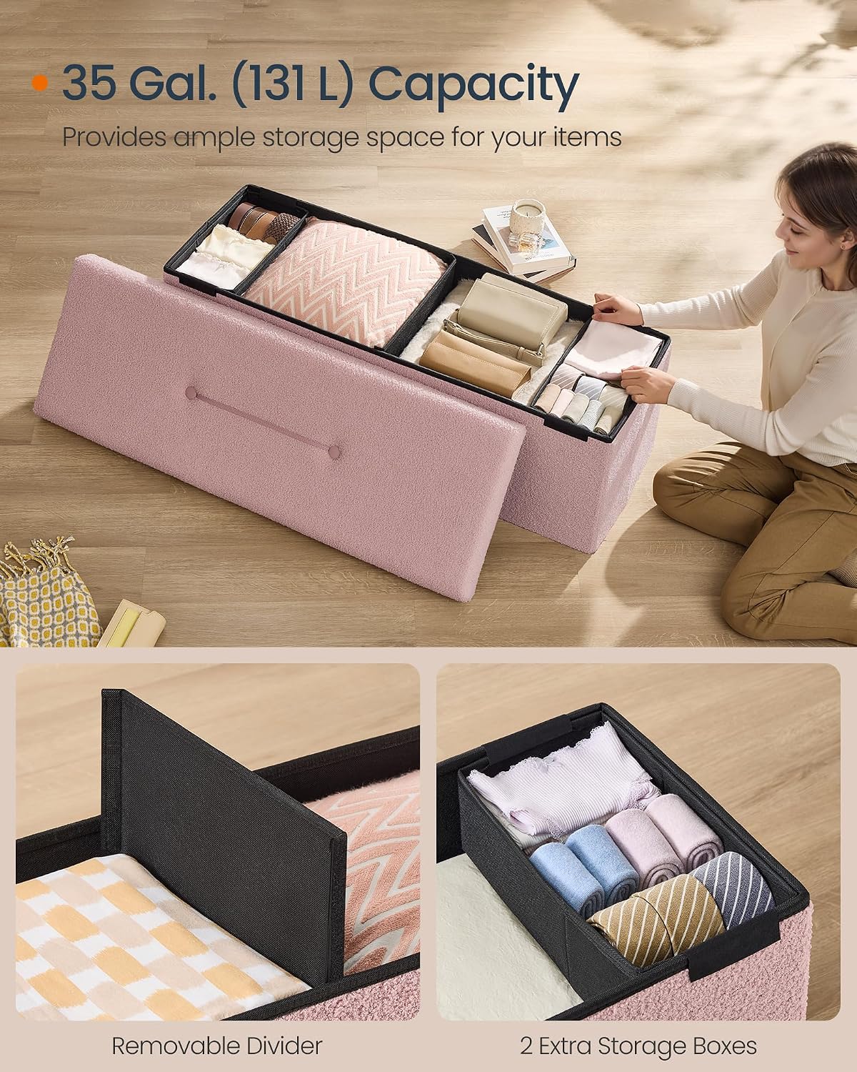 SONGMICS Large Folding Storage Ottoman Bench, 15 x 43 x 15 Inches | Foot Rest Stool, Load up to 660 lb, Jelly Pink, MINOTA Collection ULSF097R01